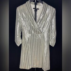 Zara Silver Long Sleeve Sequin Blazer Dress Size Small